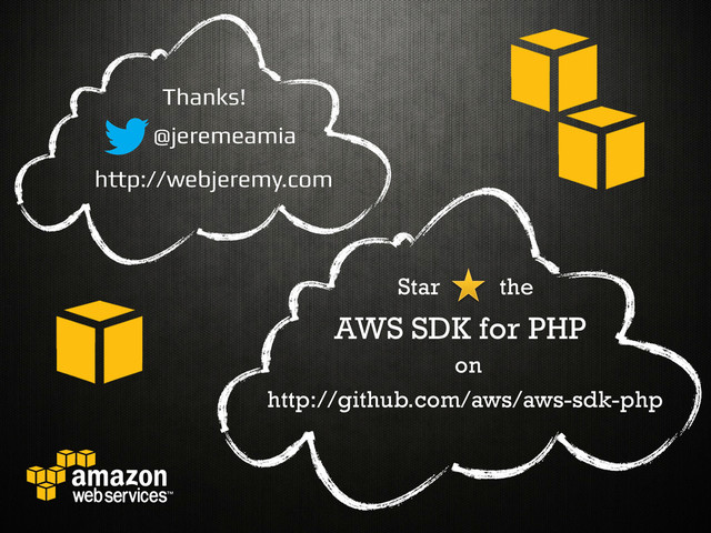 @jeremeamia!
http://webjeremy.com!
Thanks!!
http://github.com/aws/aws-sdk-php
AWS SDK for PHP
Star the
on

