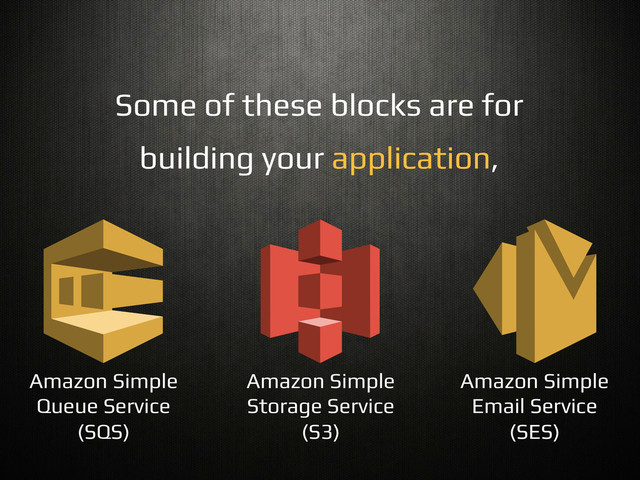 Some of these blocks are for!
building your application,!
Amazon Simple
Storage Service!
(S3)!
Amazon Simple
Queue Service!
(SQS)!
Amazon Simple
Email Service!
(SES)!
