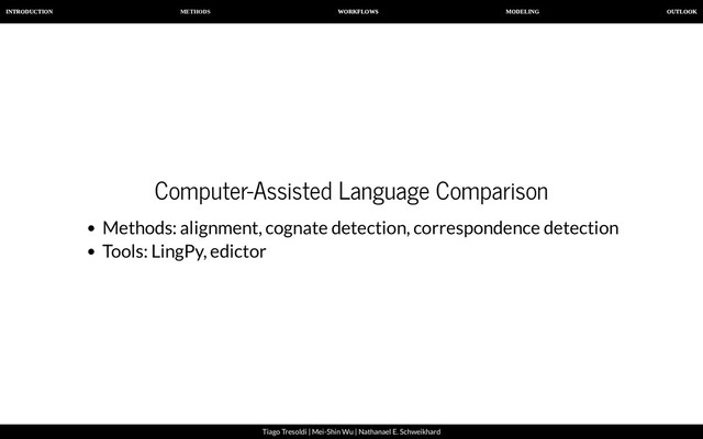 METHODS
INTRODUCTION WORKFLOWS MODELING OUTLOOK
Tiago Tresoldi | Mei-Shin Wu | Nathanael E. Schweikhard
Computer-Assisted Language Comparison
Methods: alignment, cognate detection, correspondence detection
Tools: LingPy, edictor
