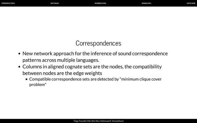 METHODS
INTRODUCTION WORKFLOWS MODELING OUTLOOK
Tiago Tresoldi | Mei-Shin Wu | Nathanael E. Schweikhard
Correspondences
New network approach for the inference of sound correspondence
patterns across multiple languages.
Columns in aligned cognate sets are the nodes, the compatibility
between nodes are the edge weights
Compatible correspondence sets are detected by "minimum clique cover
problem"
