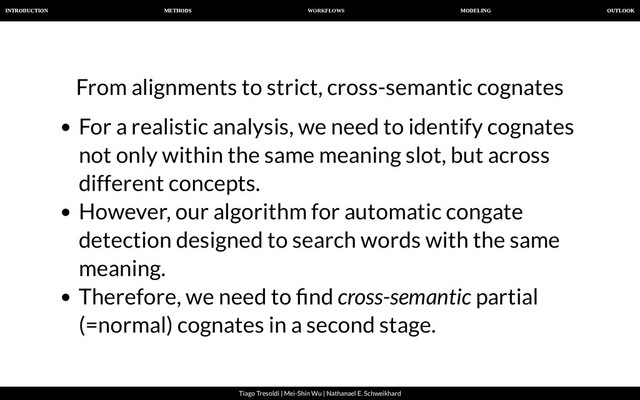 WORKFLOWS
INTRODUCTION METHODS MODELING OUTLOOK
Tiago Tresoldi | Mei-Shin Wu | Nathanael E. Schweikhard
From alignments to strict, cross-semantic cognates
For a realistic analysis, we need to identify cognates
not only within the same meaning slot, but across
different concepts.
However, our algorithm for automatic congate
detection designed to search words with the same
meaning.
Therefore, we need to nd cross-semantic partial
(=normal) cognates in a second stage.
