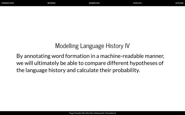 MODELING
INTRODUCTION METHODS WORKFLOWS OUTLOOK
Tiago Tresoldi | Mei-Shin Wu | Nathanael E. Schweikhard
Modelling Language History IV
By annotating word formation in a machine-readable manner,
we will ultimately be able to compare different hypotheses of
the language history and calculate their probability.
