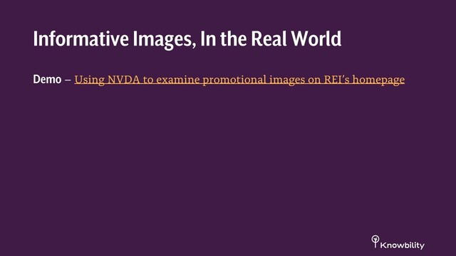 Demo – Using NVDA to examine promotional images on REI’s homepage
Informative Images, In the Real World
