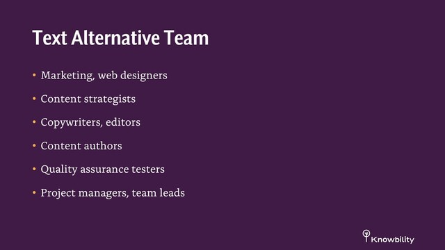 • Marketing, web designers
• Content strategists
• Copywriters, editors
• Content authors
• Quality assurance testers
• Project managers, team leads
Text Alternative Team
