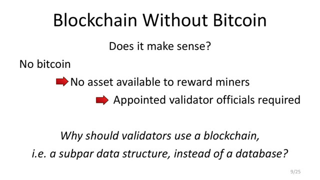 Blockchain Without Bitcoin
Does it make sense?
No bitcoin
No asset available to reward miners
Appointed validator officials required
Why should validators use a blockchain,
i.e. a subpar data structure, instead of a database?
9/25
