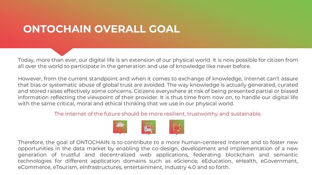 | ONTOCHAIN.NGI.EU
ONTOCHAIN OVERALL GOAL
Today, more than ever, our digital life is an extension of our physical world. It is now possible for citizen from
all over the world to participate in the generation and use of knowledge like never before.
However, from the current standpoint and when it comes to exchange of knowledge, Internet can’t assure
that bias or systematic abuse of global trust are avoided. The way knowledge is actually generated, curated
and stored raises effectively some concerns. Citizens everywhere at risk of being presented partial or biased
information reflecting the viewpoint of their provider. It is thus time from now on, to handle our digital life
with the same critical, moral and ethical thinking that we use in our physical world.
The internet of the future should be more resilient, trustworthy and sustainable.
Therefore, the goal of ONTOCHAIN is to contribute to a more human-centered Internet and to foster new
opportunities in the data market by enabling the co-design, development and implementation of a new
generation of trustful and decentralized web applications, federating blockchain and semantic
technologies for different application domains such as eScience, eEducation, eHealth, eGovernment,
eCommerce, eTourism, eInfrastructures, entertainment, Industry 4.0 and so forth.

