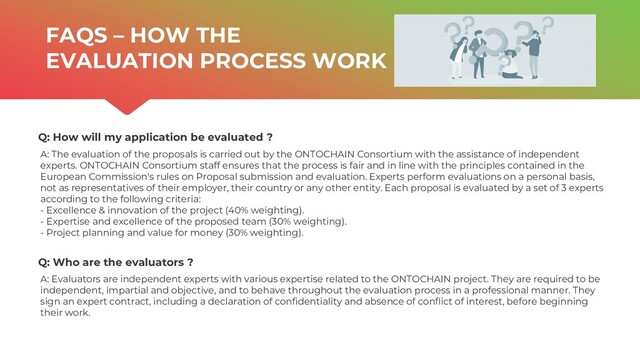 | ONTOCHAIN.NGI.EU
Q: Who are the evaluators ?
Q: How will my application be evaluated ?
A: The evaluation of the proposals is carried out by the ONTOCHAIN Consortium with the assistance of independent
experts. ONTOCHAIN Consortium staff ensures that the process is fair and in line with the principles contained in the
European Commission's rules on Proposal submission and evaluation. Experts perform evaluations on a personal basis,
not as representatives of their employer, their country or any other entity. Each proposal is evaluated by a set of 3 experts
according to the following criteria:
- Excellence & innovation of the project (40% weighting).
- Expertise and excellence of the proposed team (30% weighting).
- Project planning and value for money (30% weighting).
A: Evaluators are independent experts with various expertise related to the ONTOCHAIN project. They are required to be
independent, impartial and objective, and to behave throughout the evaluation process in a professional manner. They
sign an expert contract, including a declaration of confidentiality and absence of conflict of interest, before beginning
their work.
FAQS – HOW THE
EVALUATION PROCESS WORK
