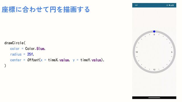 drawCircle(
color = Color.Blue,
radius = 25f,
center = Offset(x = timeX.value, y = timeY.value),
)
座標に合わせて円を描画する

