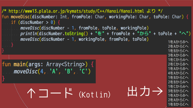 出力→
↑コード（Kotlin）
