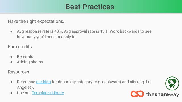 Best Practices
Have the right expectations.
● Avg response rate is 40%. Avg approval rate is 13%. Work backwards to see
how many you’d need to apply to.
Earn credits
● Referrals
● Adding photos
Resources
● Reference our blog for donors by category (e.g. cookware) and city (e.g. Los
Angeles).
● Use our Templates Library
