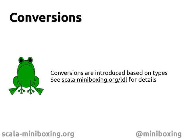 scala-miniboxing.org @miniboxing
Conversions
Conversions
Conversions are introduced based on types
See scala-miniboxing.org/ldl for details
