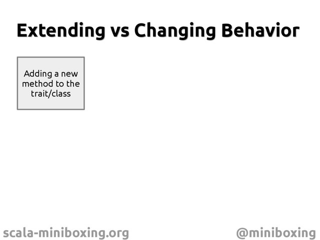 scala-miniboxing.org @miniboxing
Extending vs Changing Behavior
Extending vs Changing Behavior
Adding a new
method to the
trait/class

