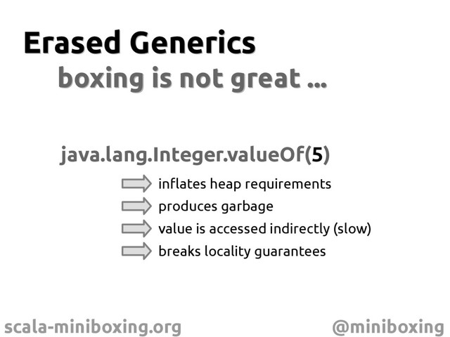 scala-miniboxing.org @miniboxing
Erased Generics
Erased Generics
java.lang.Integer.valueOf(5)
boxing is not great ...
boxing is not great ...
inflates heap requirements
produces garbage
value is accessed indirectly (slow)
breaks locality guarantees
