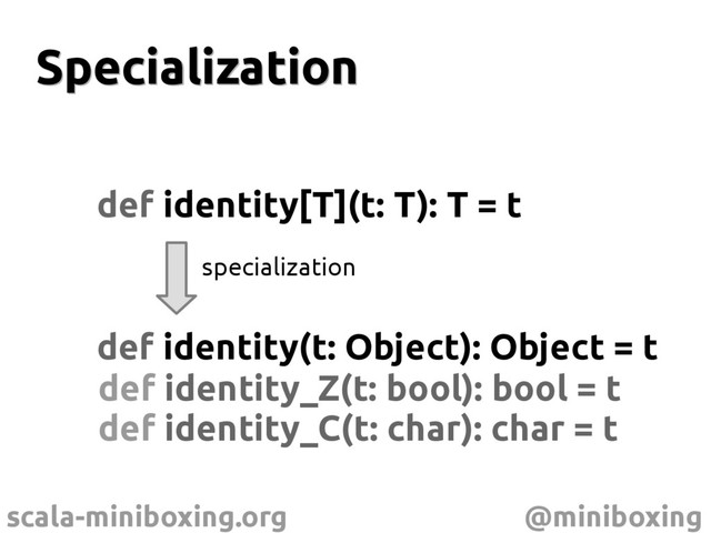 scala-miniboxing.org @miniboxing
Specialization
Specialization
def identity[T](t: T): T = t
def identity(t: Object): Object = t
specialization
def identity_Z(t: bool): bool = t
def identity_C(t: char): char = t
