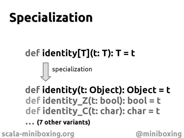 scala-miniboxing.org @miniboxing
Specialization
Specialization
def identity[T](t: T): T = t
def identity(t: Object): Object = t
specialization
def identity_Z(t: bool): bool = t
def identity_C(t: char): char = t
… (7 other variants)
