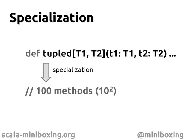 scala-miniboxing.org @miniboxing
Specialization
Specialization
def tupled[T1, T2](t1: T1, t2: T2) ...
// 100 methods (102)
specialization
