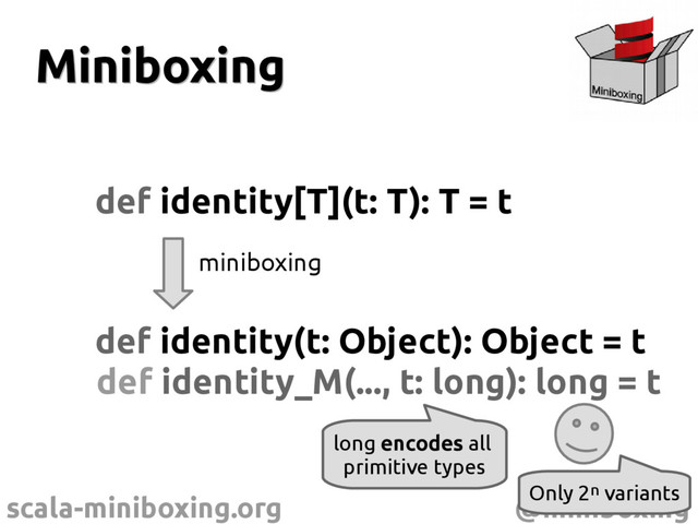 scala-miniboxing.org @miniboxing
Miniboxing
Miniboxing
def identity[T](t: T): T = t
def identity(t: Object): Object = t
miniboxing
def identity_M(..., t: long): long = t
Only 2n variants
long encodes all
primitive types
