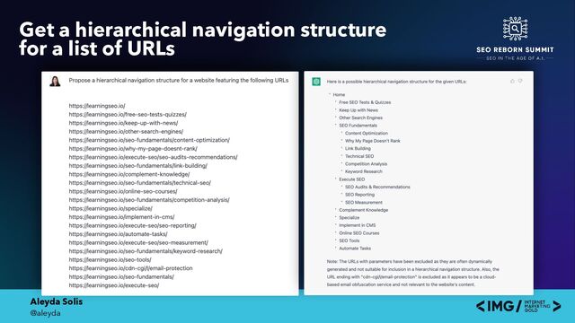 Aleyda Solis
@aleyda
Get a hierarchical navigation structure
for a list of URLs
