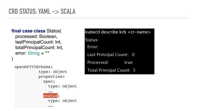CRD STATUS: YAML -> SCALA
ﬁnal case class Status(
processed: Boolean,
lastPrincipalCount: Int,
totalPrincipalCount: Int,
error: String = ""
)
kubectl describe krb 
Status:
Error:
Last Principal Count: 0
Processed: true
Total Principal Count: 5
openAPIV3Schema:
type: object
properties:
spec:
type: object
……
status:
type: object
……
