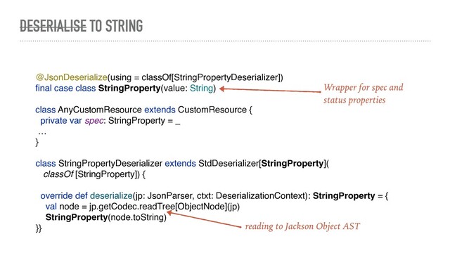 class StringPropertyDeserializer extends StdDeserializer[StringProperty](
classOf [StringProperty]) {
override def deserialize(jp: JsonParser, ctxt: DeserializationContext): StringProperty = {
val node = jp.getCodec.readTree[ObjectNode](jp)
StringProperty(node.toString)
}}
DESERIALISE TO STRING
@JsonDeserialize(using = classOf[StringPropertyDeserializer])
ﬁnal case class StringProperty(value: String)
class AnyCustomResource extends CustomResource {
private var spec: StringProperty = _
…
}
Wrapper for spec and
status properties
reading to Jackson Object AST
