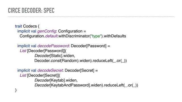 CIRCE DECODER: SPEC
trait Codecs {
implicit val genConﬁg: Conﬁguration =
Conﬁguration.default.withDiscriminator("type").withDefaults
implicit val decodePassword: Decoder[Password] =
List [Decoder[Password]](
Decoder[Static].widen,
Decoder.const(Random).widen).reduceLeft(_.or(_))
implicit val decodeSecret: Decoder[Secret] =
List [Decoder[Secret]](
Decoder[Keytab].widen,
Decoder[KeytabAndPassword].widen).reduceLeft(_.or(_))
}
