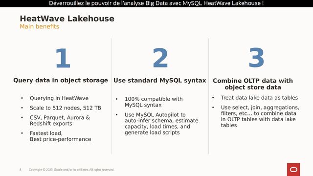 Copyright © 2023, Oracle and/or its affiliates. All rights reserved.
8
HeatWave Lakehouse
Query data in object storage
• Querying in HeatWave
• Scale to 512 nodes, 512 TB
• CSV, Parquet, Aurora &
Redshift exports
• Fastest load,
Best price-performance
Use standard MySQL syntax Combine OLTP data with
object store data
• 100% compatible with
MySQL syntax
• Use MySQL Autopilot to
auto-infer schema, estimate
capacity, load times, and
generate load scripts
• Treat data lake data as tables
• Use select, join, aggregations,
filters, etc… to combine data
in OLTP tables with data lake
tables
Main benefits
1 2 3
