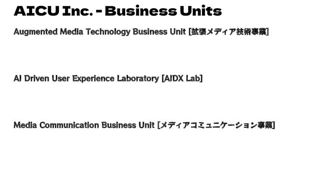 AICU Inc. - Business Units
Augmented Media Technology Business Unit [拡張メディア技術事業]
AI Driven User Experience Laboratory [AIDX Lab]
Media Communication Business Unit [メディアコミュニケーション事業]
