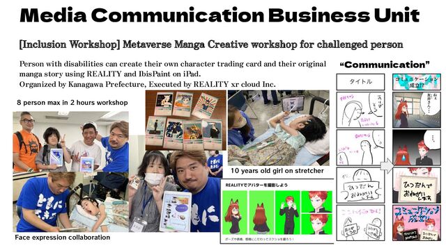 [Inclusion Workshop] Metaverse Manga Creative workshop for challenged person
Person with disabilities can create their own character trading card and their original
manga story using REALITY and IbisPaint on iPad.
Organized by Kanagawa Prefecture, Executed by REALITY xr cloud Inc.
Media Communication Business Unit
“Communication”
10 years old girl on stretcher
Face expression collaboration
8 person max in 2 hours workshop
