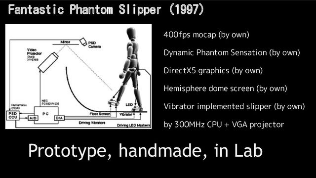 Fantastic Phantom Slipper (1997)
400fps mocap (by own)
Dynamic Phantom Sensation (by own)
DirectX5 graphics (by own)
Hemisphere dome screen (by own)
Vibrator implemented slipper (by own)
by 300MHz CPU + VGA projector
Prototype, handmade, in Lab
