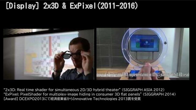 [Display] 2x3D & ExPixel(2011-2016)
“2x3D: Real time shader for simultaneous 2D/3D hybrid theater” (SIGGRAPH ASIA 2012)
“ExPixel: PixelShader for multiplex-image hiding in consumer 3D flat panels” (SIGGRAPH 2014)
[Award] DCEXPO2013にて経済産業省か Innovative Technologies 2013賞を受賞

