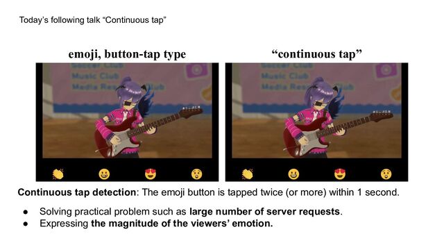 Today’s following talk “Continuous tap”
emoji, button-tap type “continuous tap”
Continuous tap detection: The emoji button is tapped twice (or more) within 1 second.
● Solving practical problem such as large number of server requests.
● Expressing the magnitude of the viewers’ emotion.

