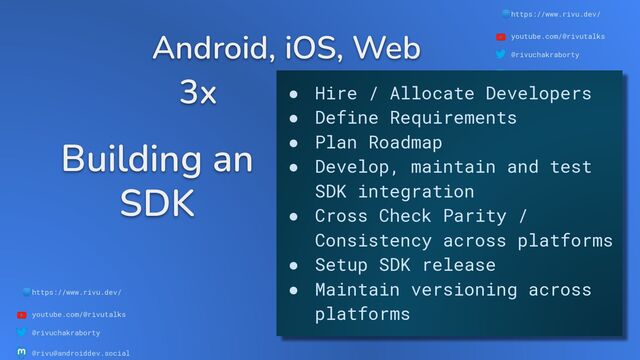 🌐https://www.rivu.dev/
youtube.com/@rivutalks
@rivuchakraborty
@rivu@androiddev.social
Building an
SDK
🌐https://www.rivu.dev/
youtube.com/@rivutalks
@rivuchakraborty
@rivu@androiddev.social
● Hire / Allocate Developers
● Define Requirements
● Plan Roadmap
● Develop, maintain and test
SDK integration
● Cross Check Parity /
Consistency across platforms
● Setup SDK release
● Maintain versioning across
platforms
Android, iOS, Web
3x
