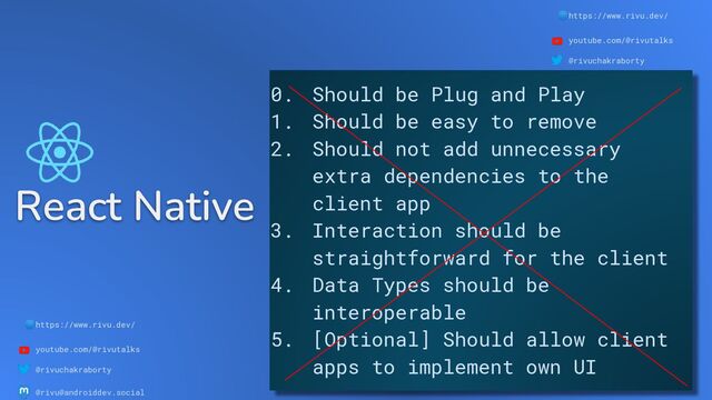 🌐https://www.rivu.dev/
youtube.com/@rivutalks
@rivuchakraborty
@rivu@androiddev.social
React Native
🌐https://www.rivu.dev/
youtube.com/@rivutalks
@rivuchakraborty
@rivu@androiddev.social
0. Should be Plug and Play
1. Should be easy to remove
2. Should not add unnecessary
extra dependencies to the
client app
3. Interaction should be
straightforward for the client
4. Data Types should be
interoperable
5. [Optional] Should allow client
apps to implement own UI
