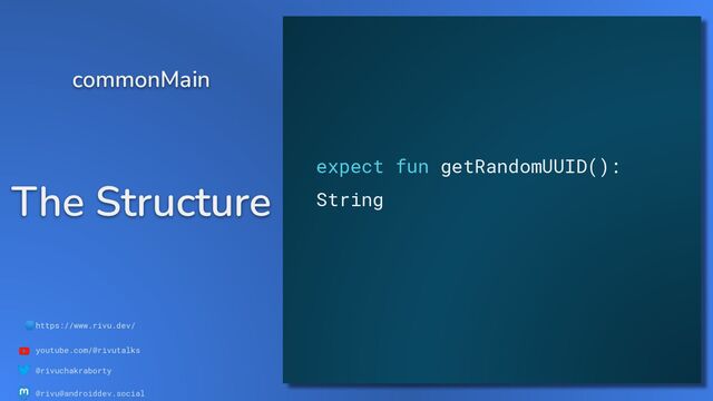 🌐https://www.rivu.dev/
youtube.com/@rivutalks
@rivuchakraborty
@rivu@androiddev.social
The Structure
expect fun getRandomUUID():
String
commonMain
