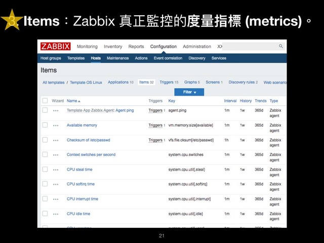 3. Items：Zabbix 真正監控的度量量指標 (metrics)。
!21
