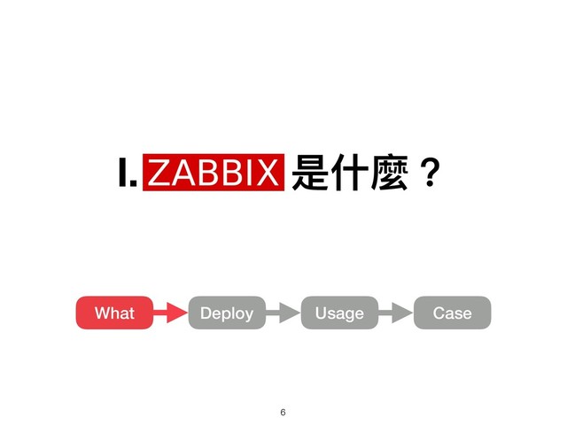 Ⅰ. Zabbix 是什什麼？
Usage
What Deploy Case
!6
