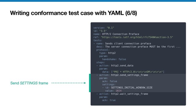 Writing conformance test case with YAML (6/8)
Send SETTINGS frame
