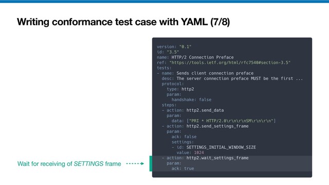 Writing conformance test case with YAML (7/8)
Wait for receiving of SETTINGS frame
