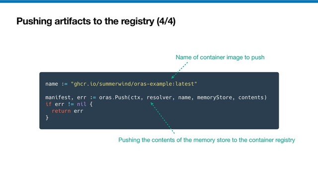 Pushing artifacts to the registry (4/4)
Pushing the contents of the memory store to the container registry
Name of container image to push
