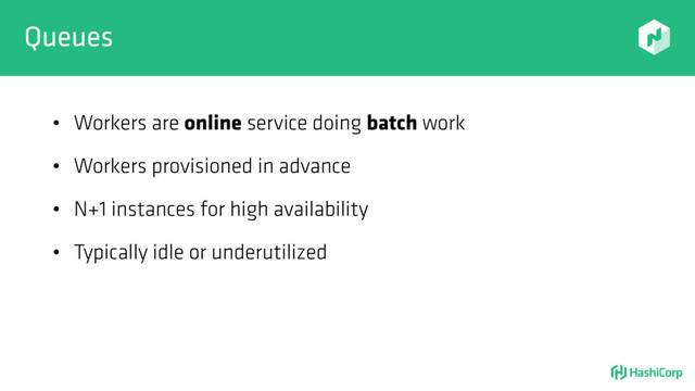 Queues
• Workers are online service doing batch work
• Workers provisioned in advance
• N+1 instances for high availability
• Typically idle or underutilized
