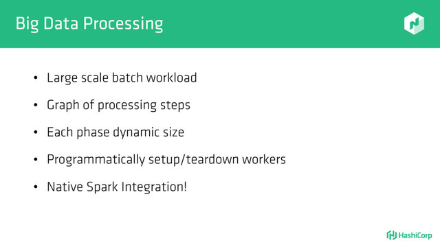 Big Data Processing
• Large scale batch workload
• Graph of processing steps
• Each phase dynamic size
• Programmatically setup/teardown workers
• Native Spark Integration!
