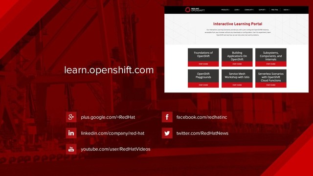 learn.openshift.com
plus.google.com/+RedHat
linkedin.com/company/red-hat
youtube.com/user/RedHatVideos
facebook.com/redhatinc
twitter.com/RedHatNews

