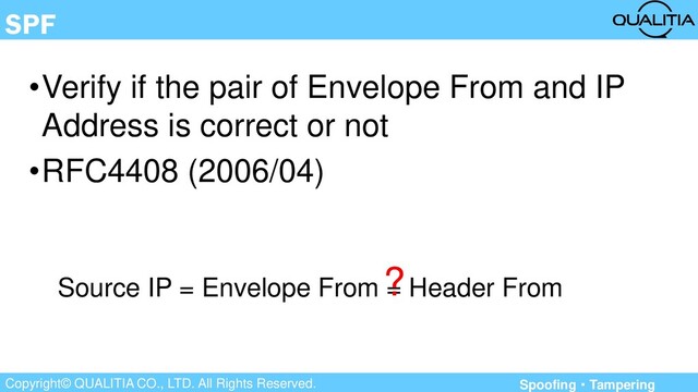Copyright© QUALITIA CO., LTD. All Rights Reserved.
SPF
•Verify if the pair of Envelope From and IP
Address is correct or not
•RFC4408 (2006/04)
Source IP = Envelope From = Header From
?
Spoofing・Tampering

