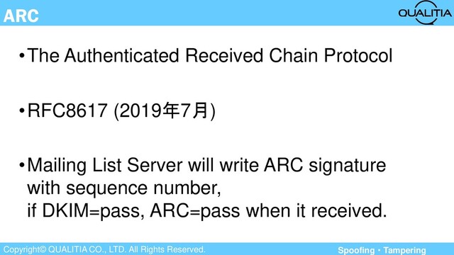 Copyright© QUALITIA CO., LTD. All Rights Reserved.
ARC
•The Authenticated Received Chain Protocol
•RFC8617 (2019年7月)
•Mailing List Server will write ARC signature
with sequence number,
if DKIM=pass, ARC=pass when it received.
Spoofing・Tampering
