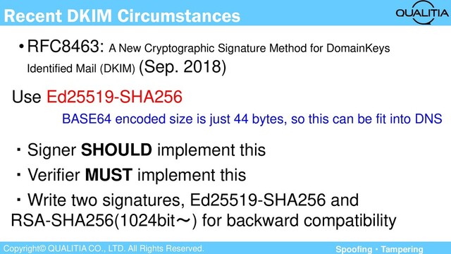 Copyright© QUALITIA CO., LTD. All Rights Reserved.
Recent DKIM Circumstances
•RFC8463: A New Cryptographic Signature Method for DomainKeys
Identified Mail (DKIM) (Sep. 2018)
・Signer SHOULD implement this
・Verifier MUST implement this
・Write two signatures, Ed25519-SHA256 and
RSA-SHA256(1024bit～) for backward compatibility
Use Ed25519-SHA256
BASE64 encoded size is just 44 bytes, so this can be fit into DNS
Spoofing・Tampering
