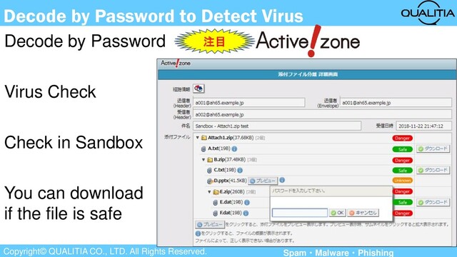 Copyright© QUALITIA CO., LTD. All Rights Reserved.
Decode by Password to Detect Virus
Decode by Password
Virus Check
Check in Sandbox
You can download
if the file is safe
注目
Spam・Malware・Phishing
