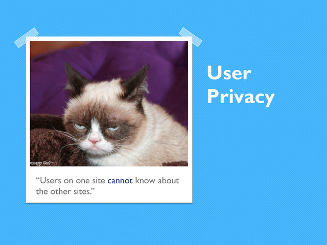 User
Privacy
“Users on one site cannot know about
the other sites.”
