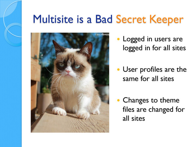 Multisite is a Bad Secret Keeper
  Logged in users are
logged in for all sites
  User profiles are the
same for all sites
  Changes to theme
files are changed for
all sites
