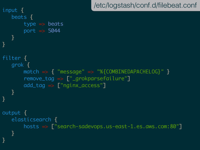 input {
beats {
type => beats
port => 5044
}
}
filter {
grok {
match => { "message" => "%{COMBINEDAPACHELOG}" }
remove_tag => ["_grokparsefailure"]
add_tag => ["nginx_access"]
}
}
output {
elasticsearch {
hosts => ["search-sadevops.us-east-1.es.aws.com:80"]
}
}
/etc/logstash/conf.d/ﬁlebeat.conf
