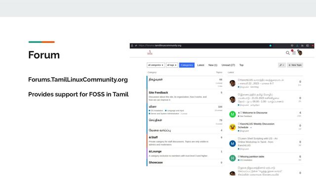 Forum
Forums.TamilLinuxCommunity.org
Provides support for FOSS in Tamil
